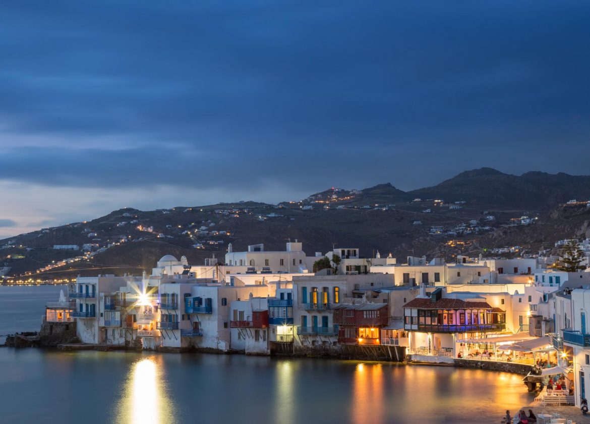 East Mediterranean, yachting destination: Little Venice of Mykonos town at blue hour, Greece - High Point Yachting