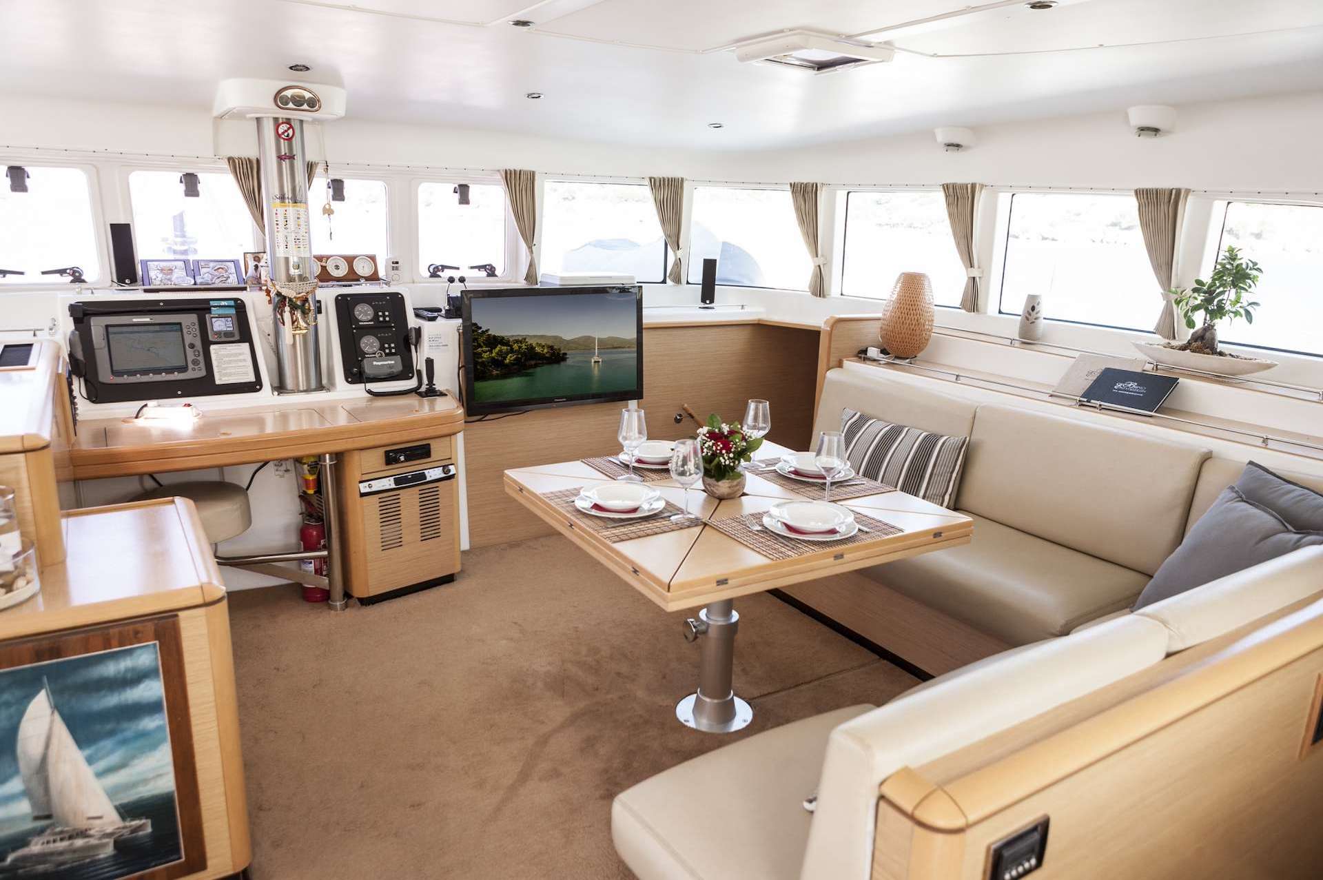 catamaran yacht charter Elvira saloon