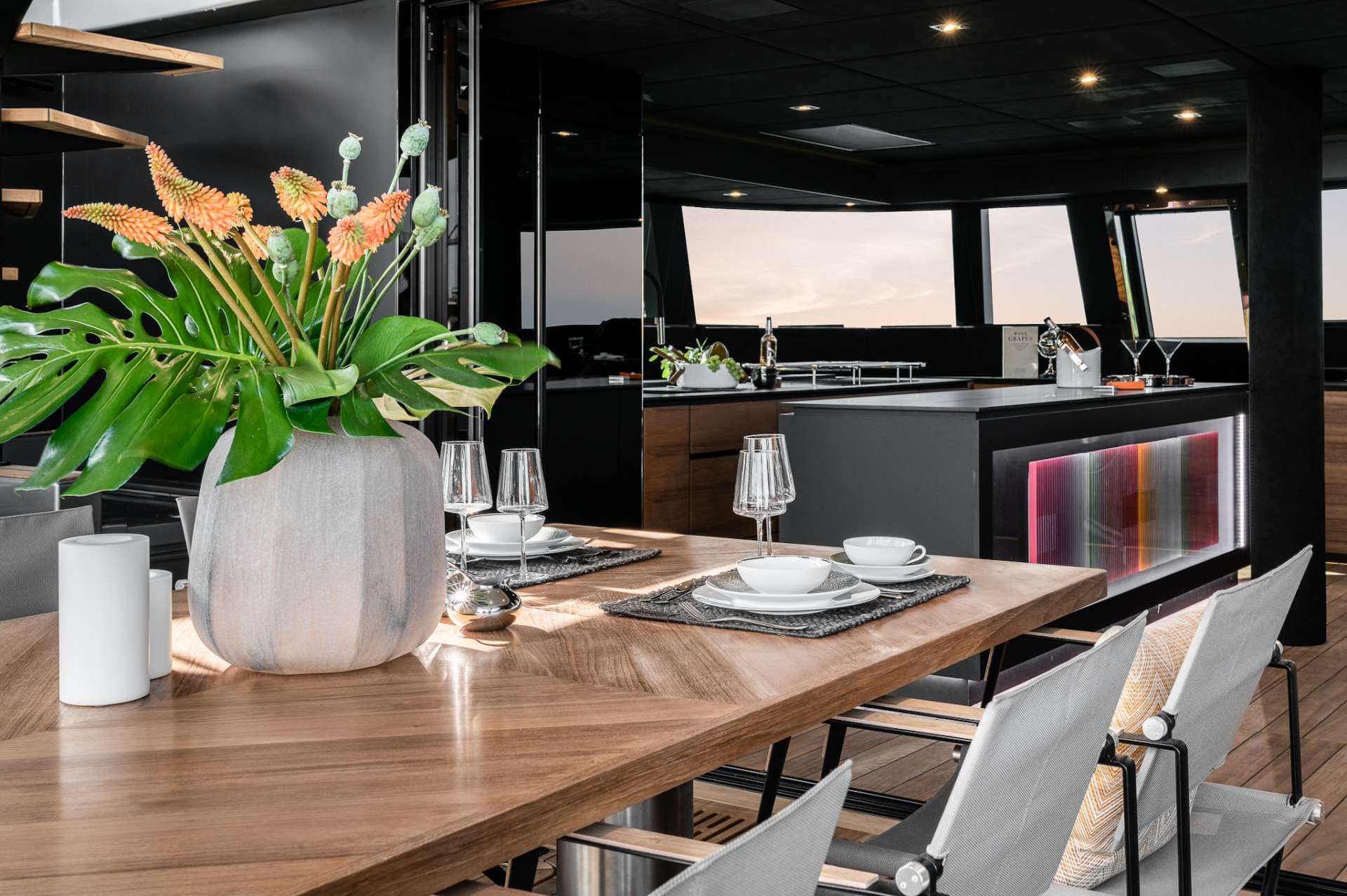 catamaran yacht charter E Supercat dining