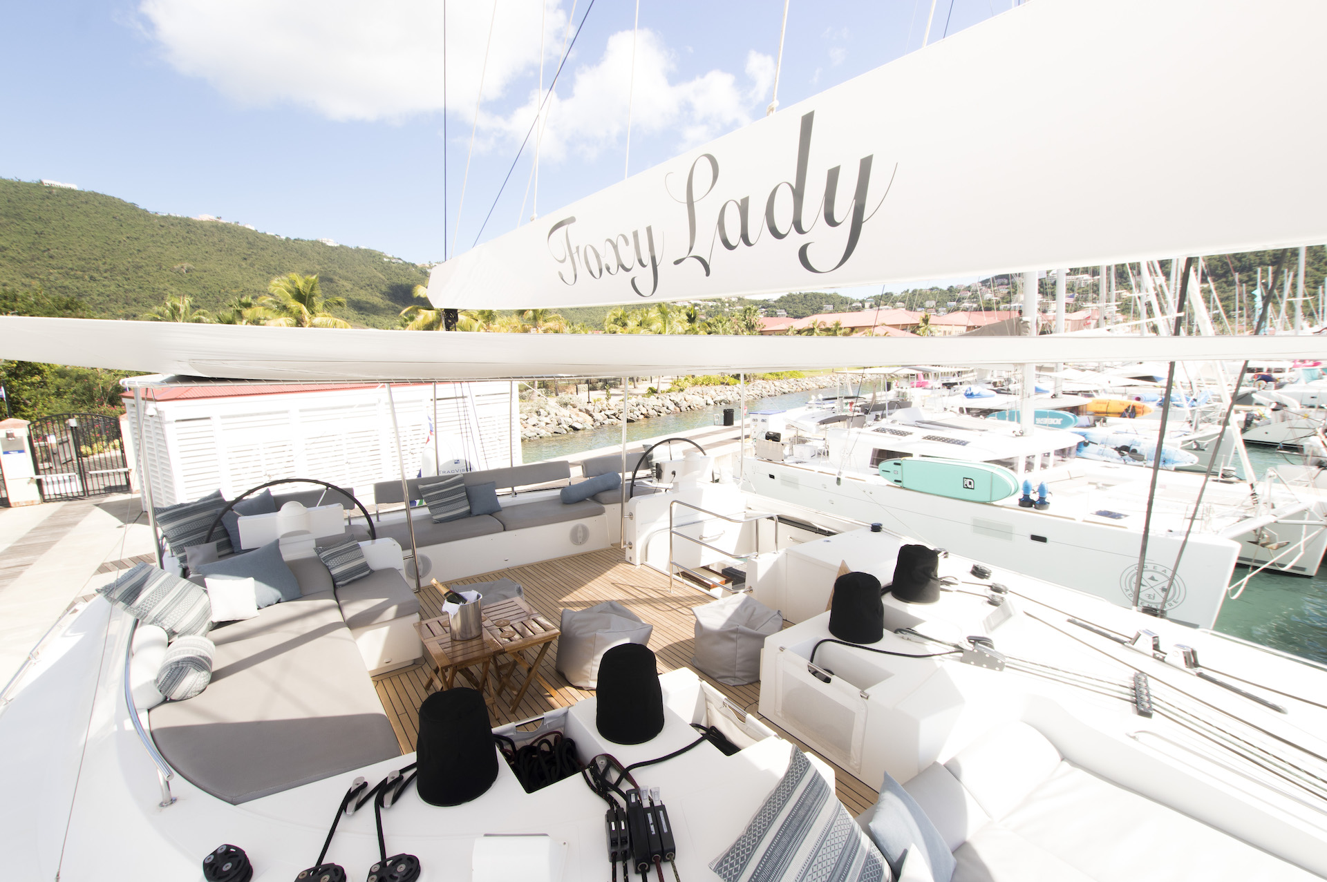 catamaran yacht charter Foxy Lady flybridge