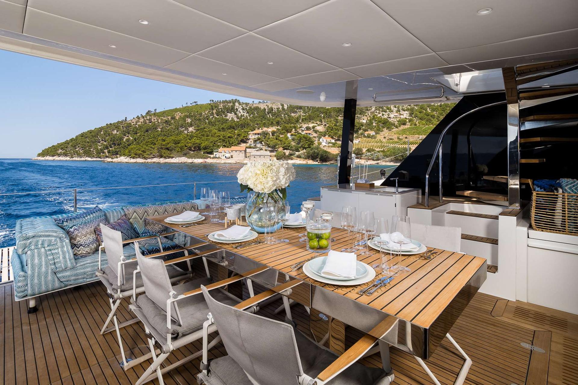 Vulpino High-Tech Catamaran Charter in Croatia Outdoor Fine Dining Area- High Point Yacthing