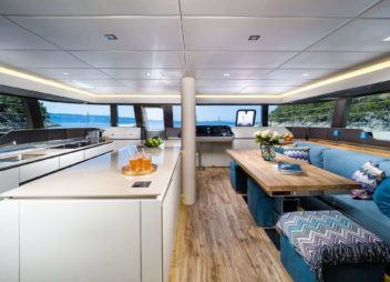 Vulpino High-Tech Catamaran Charter in Croatia Indoor Bar in Lounge with sea view - High Point Yacthing