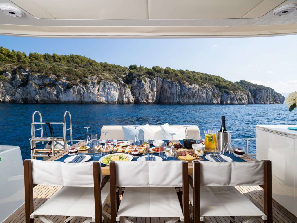 Solitaire Modern Sailing Catamaran Charter Croatia savory brunch - High Point Yachting
