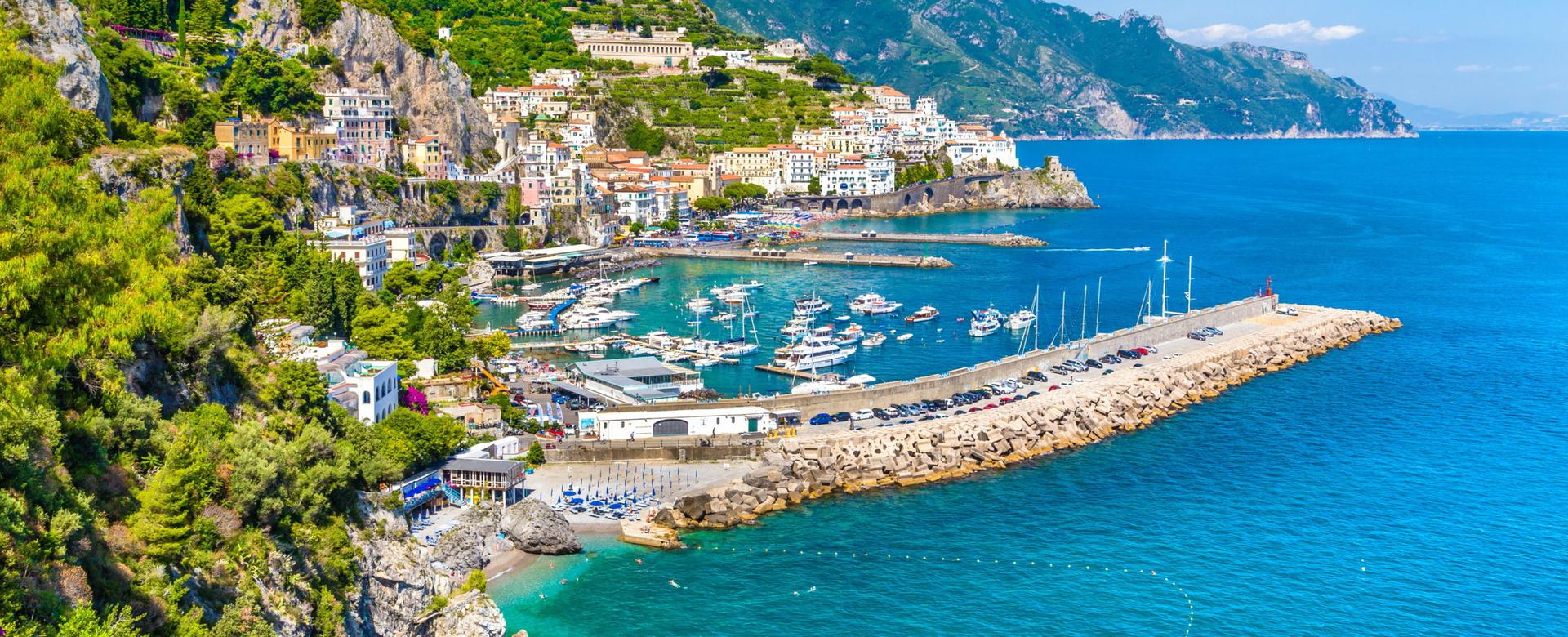 Scenic picture-postcard view of famous Amalfi Coast with beautiful Gulf of Salerno, Campania, Italy