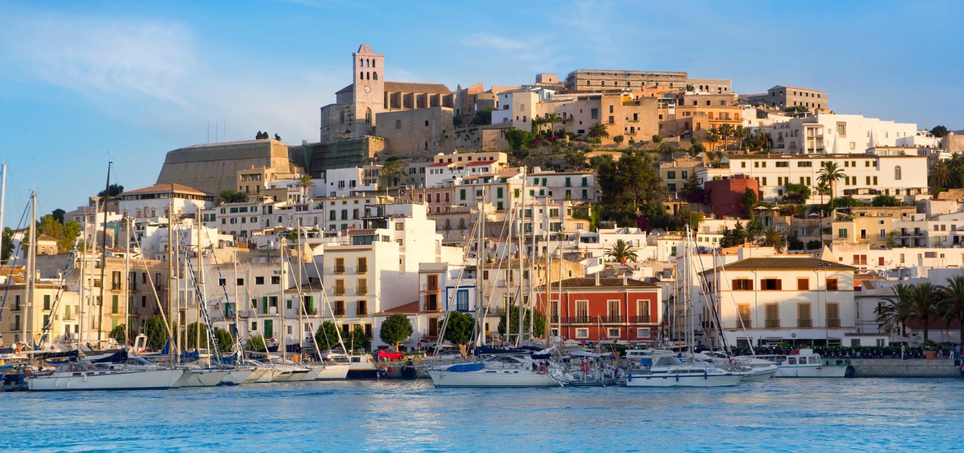 Ibiza Eivissa town with blue Mediterranean