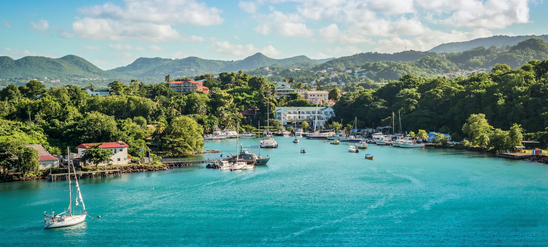 Panorama landscape with sea and mountains at the harbor of Castries in Saint Lucia, Eastern Caribbean