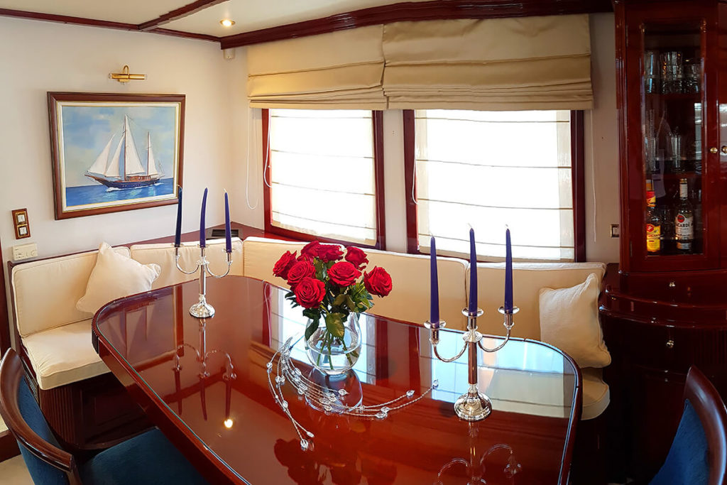 Liana H Greek Motor Sailer Gulet Charter in Greece Beautiful salon with sea view on charter- High Point Yachting