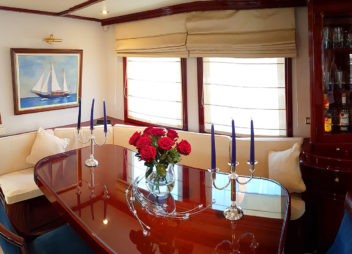 Liana H Greek Motor Sailer Gulet Charter in Greece Beautiful salon with sea view on charter- High Point Yachting