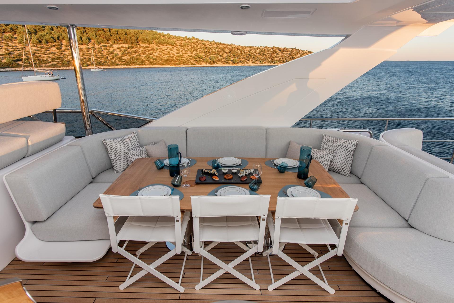 Dawo brand new 27m Azimut yacht charter in Croatia from UK & USA Flybridge with Bar and lunch area - High Point Yachting