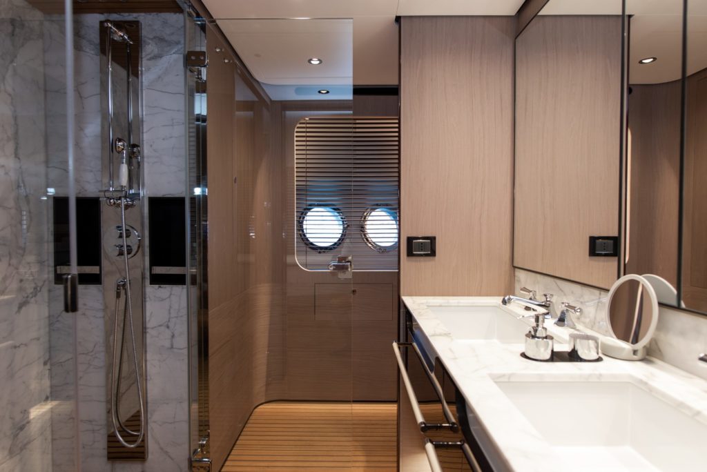 Dawo brand new 27m Azimut yacht charter in Croatia from UK & USA master cabin bathroom - High Point Yachting