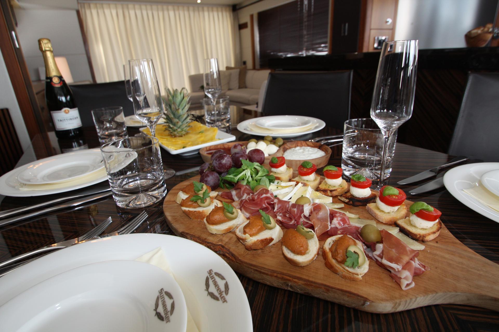 Cloudy bay Sunseeker Manhattan 73 crewed charter in Trogir luxury indoor fine dining & lunch area- High Point Yachti