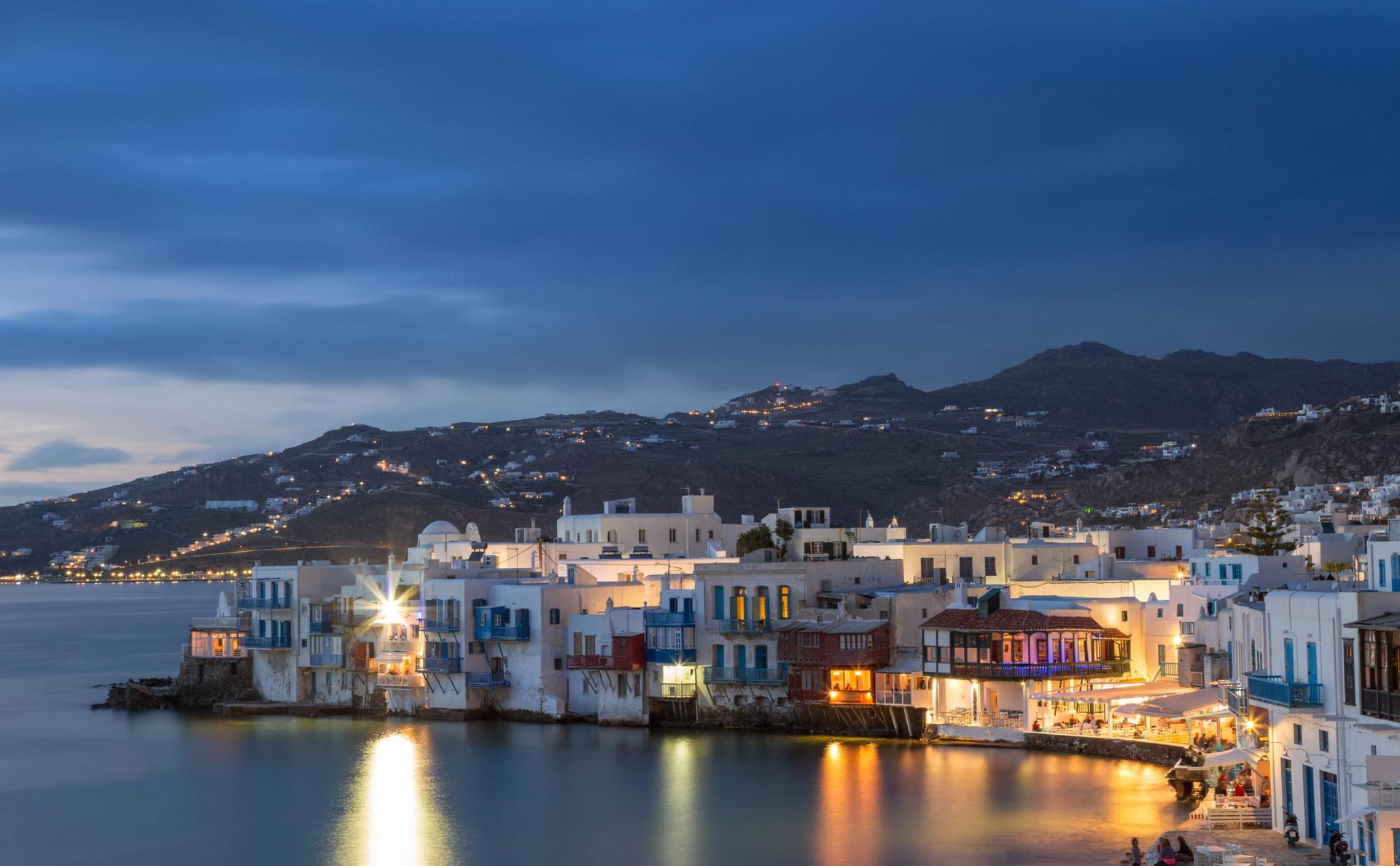Little Venice of Mykonos town at blue hour, Greece