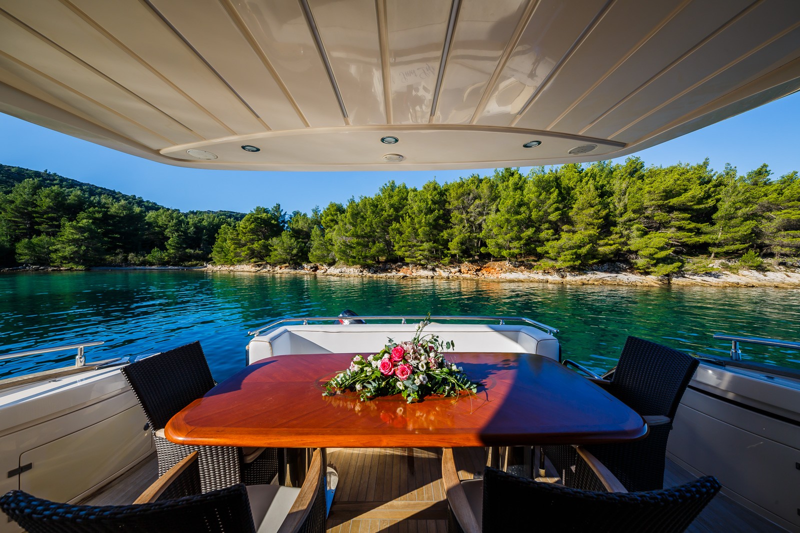 Secret Life Crewed Charter outdoor Lunch area on board - High Point Yachting