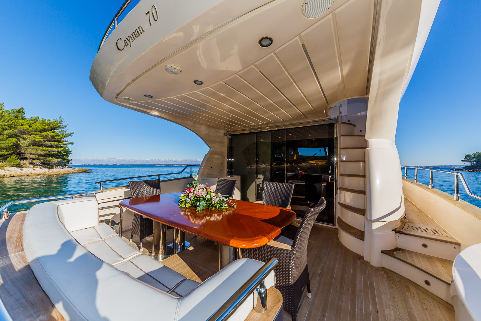 Secret Life Crewed Charter outdoor Lunch area on board - High Point Yachting