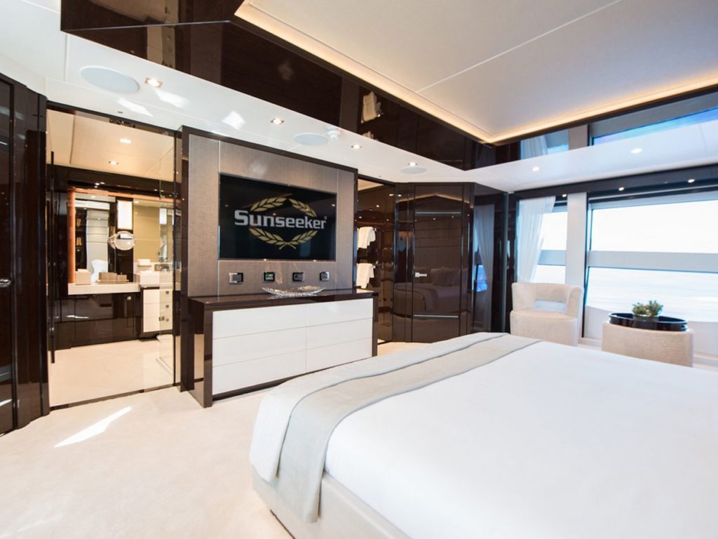 Sunseeker Aqua Libra super yacht charter luxury indoor cabin with sea view 