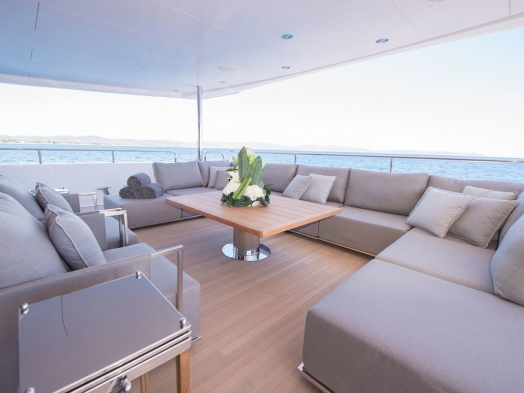 Sunseeker Aqua Libra super yacht charter luxury outdoor sunbathing area - High Point Yachting