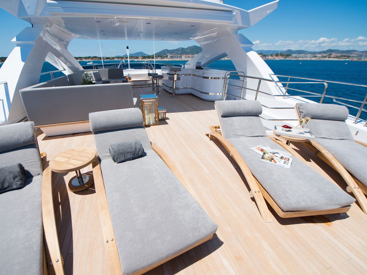 Sunseeker Aqua Libra super yacht charter luxury outdoor sunbathing area - High Point Yachting