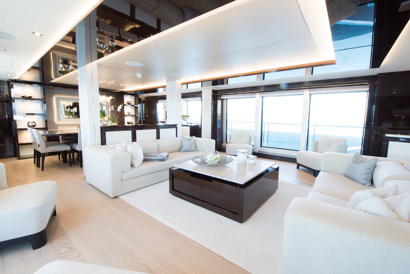 Sunseeker Aqua Libra super yacht charter luxury indoor fine dining area - High Point Yachting