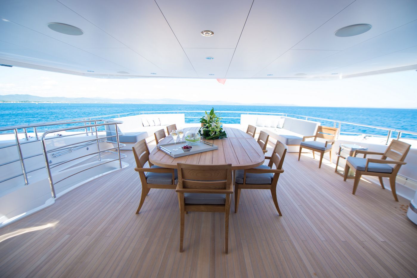 Sunseeker Aqua Libra super yacht charter outdoor lunch area & dining area - High Point Yachting