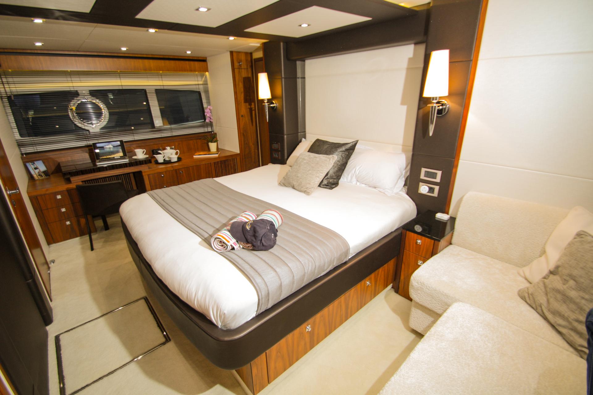 Cloudy bay Sunseeker Manhattan 73 crewed charter in Trogir luxury indoor master cabin- High Point Yachting