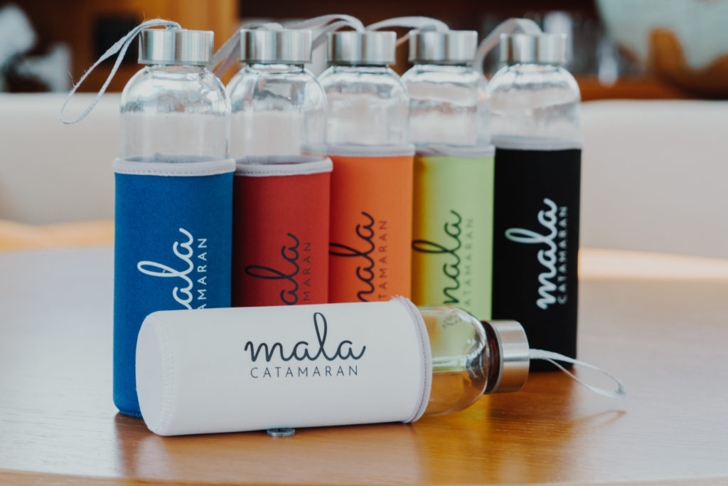 Catamaran MALA water bottles - sustainable charter