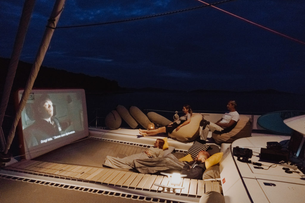 Catamaran Mala, outdoor cinema on yacht - High Point Yachting