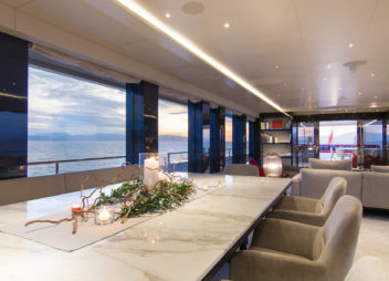 Private Motor Yacht Charter Lounge with fine dining with sea view - High Point Yachting