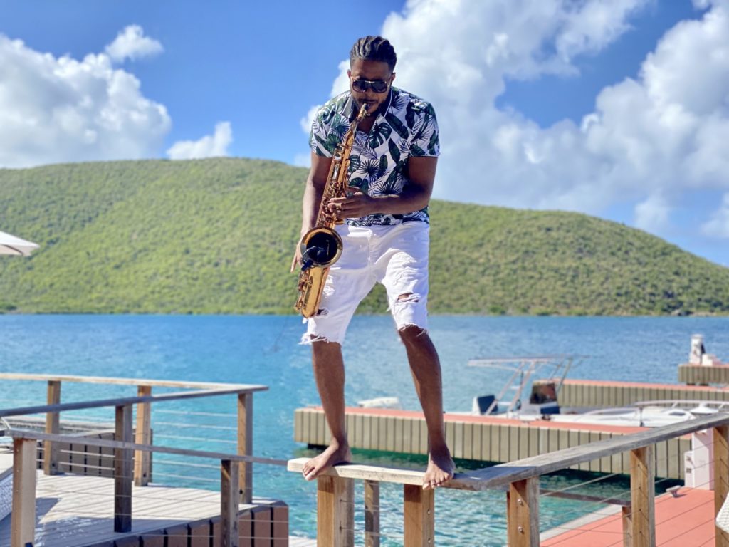 Kamau Georges saxophonist playing in Nova, Virgin Gorda, BVI