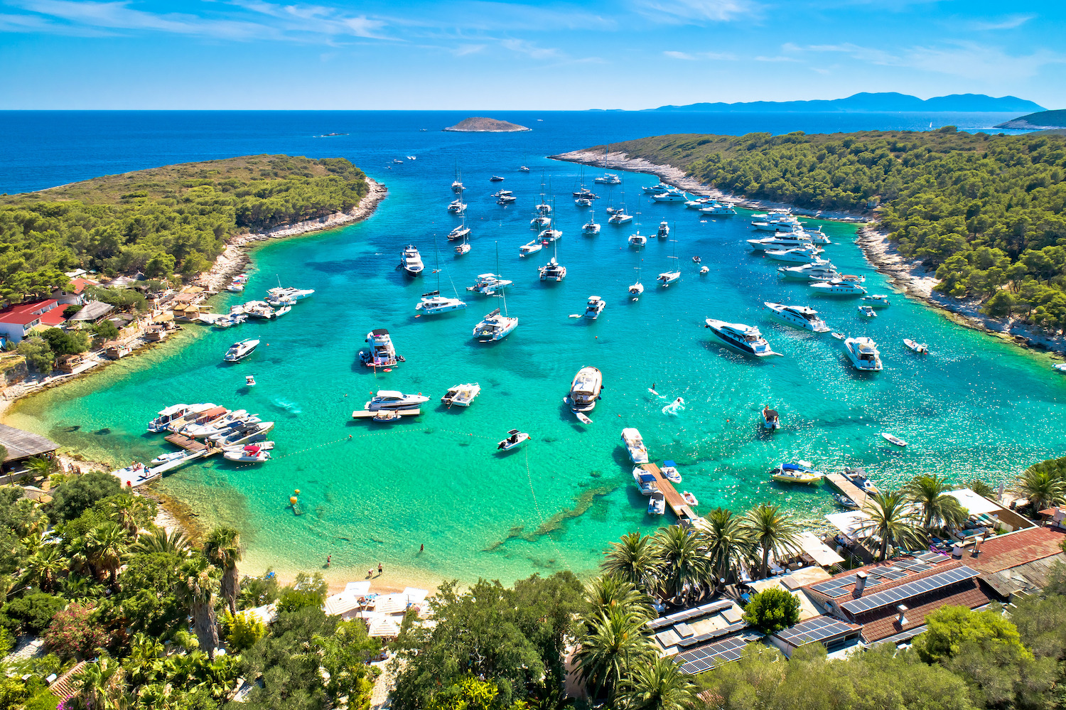 Aerial view of Palmizana, sailing cove and turquoise beach on Pakleni Otoci islands, archipelago of Hvar in Croatia