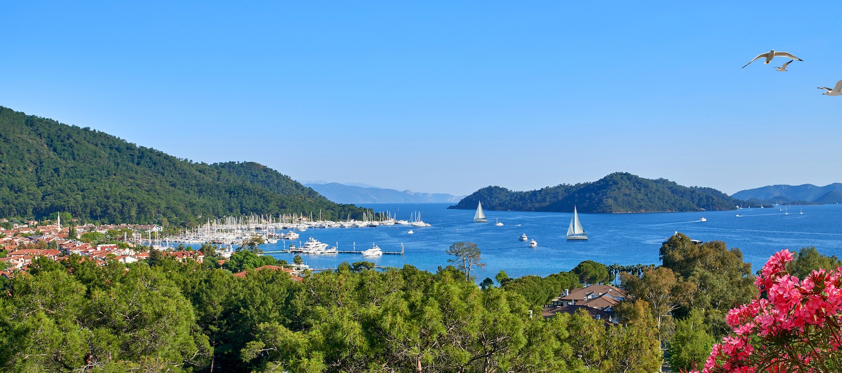 Panoramic view from Gocek Marina with sailboats. Fethiye, Turkey