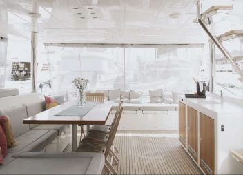 catamaran Blue Destiny charter dining area