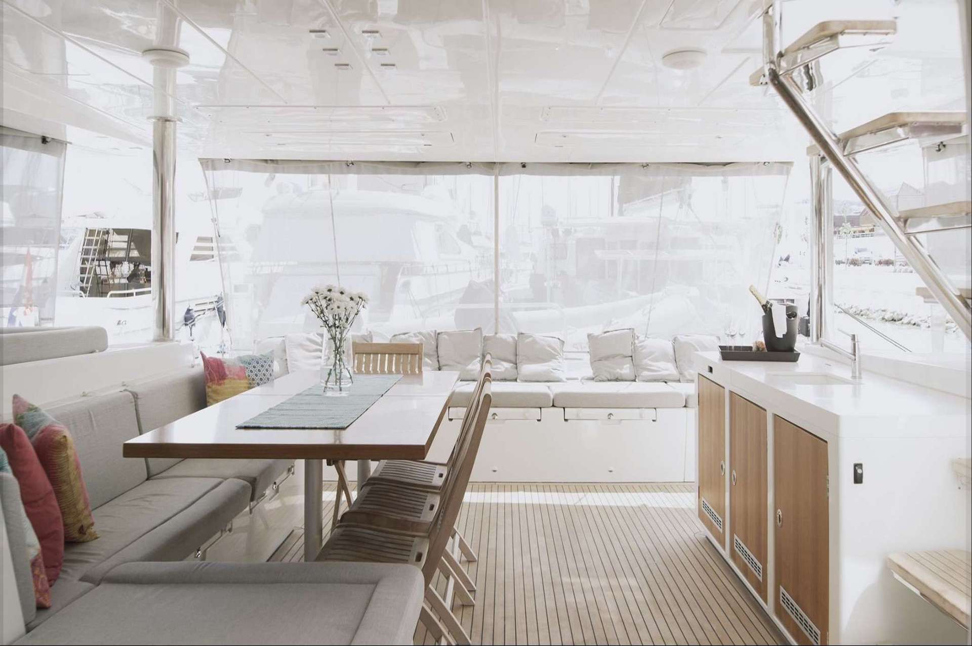 catamaran Blue Destiny charter dining area