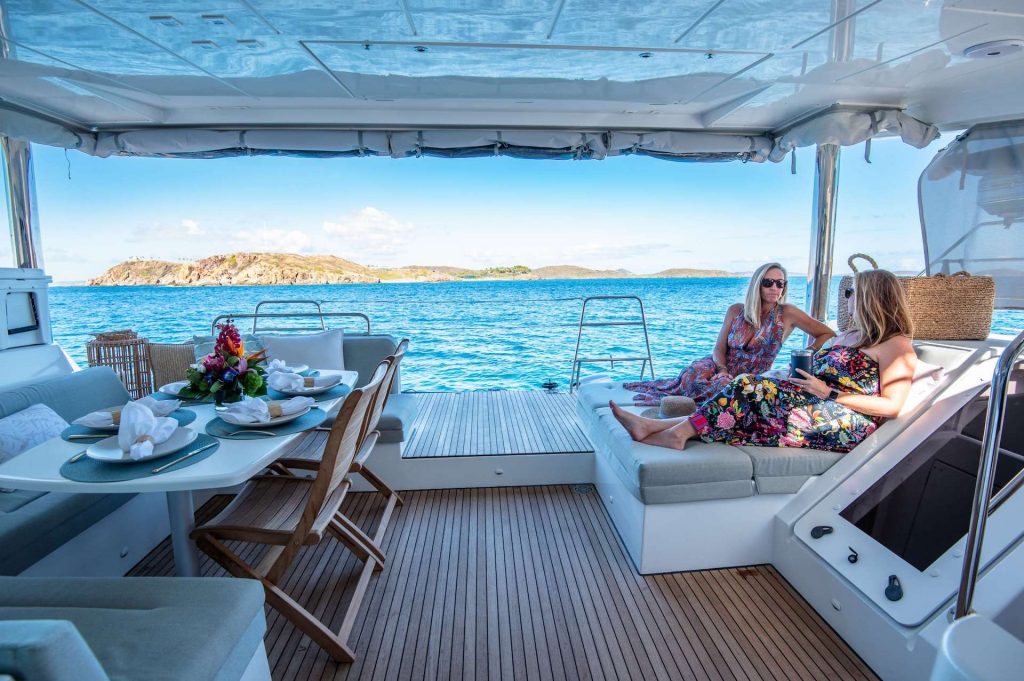 catamaran charter dining area Liquid Zen