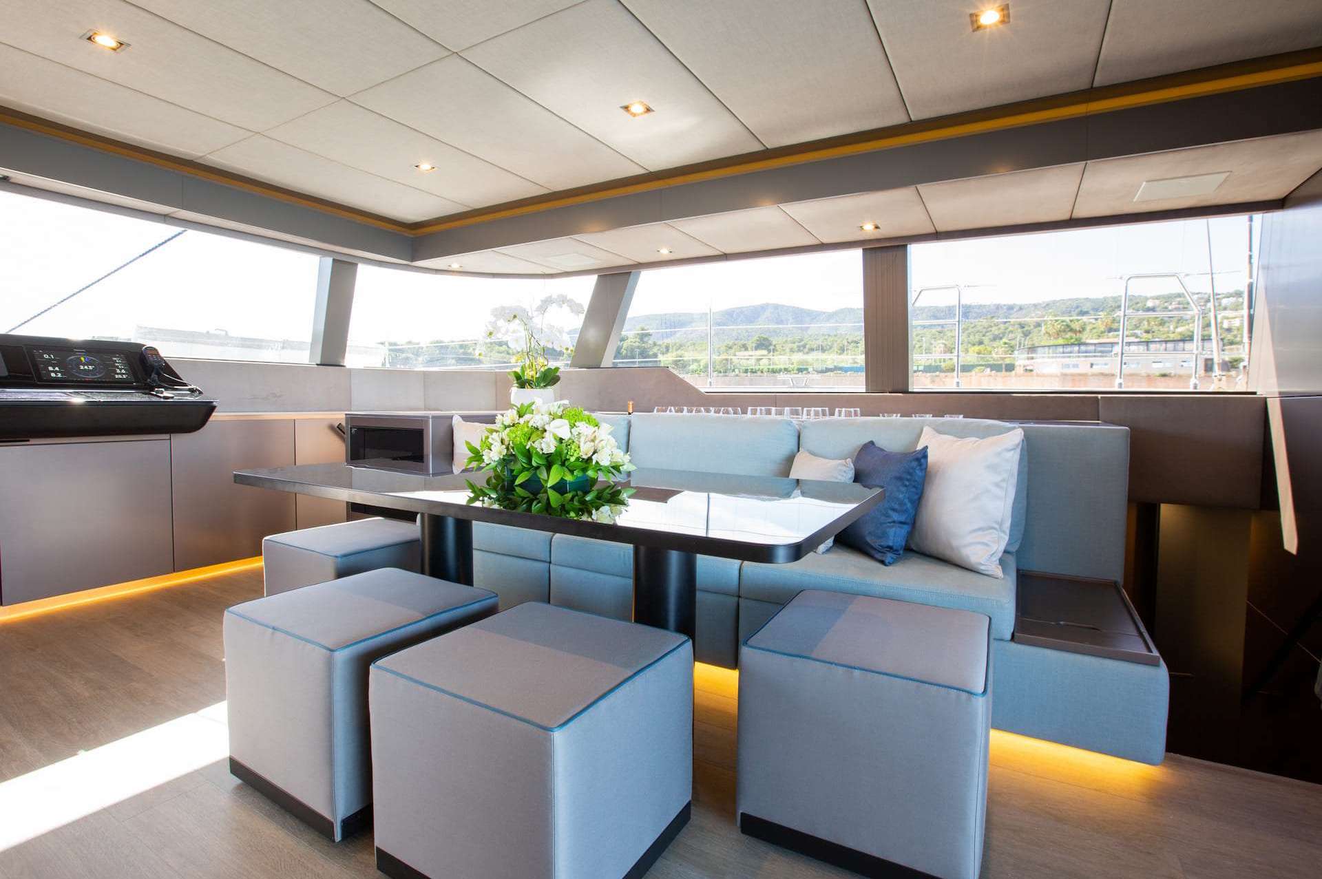 crewed yacht charter saloon