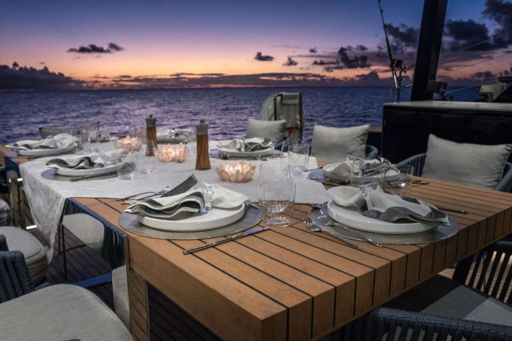 luxury yacht charter Relentless dinner setting
