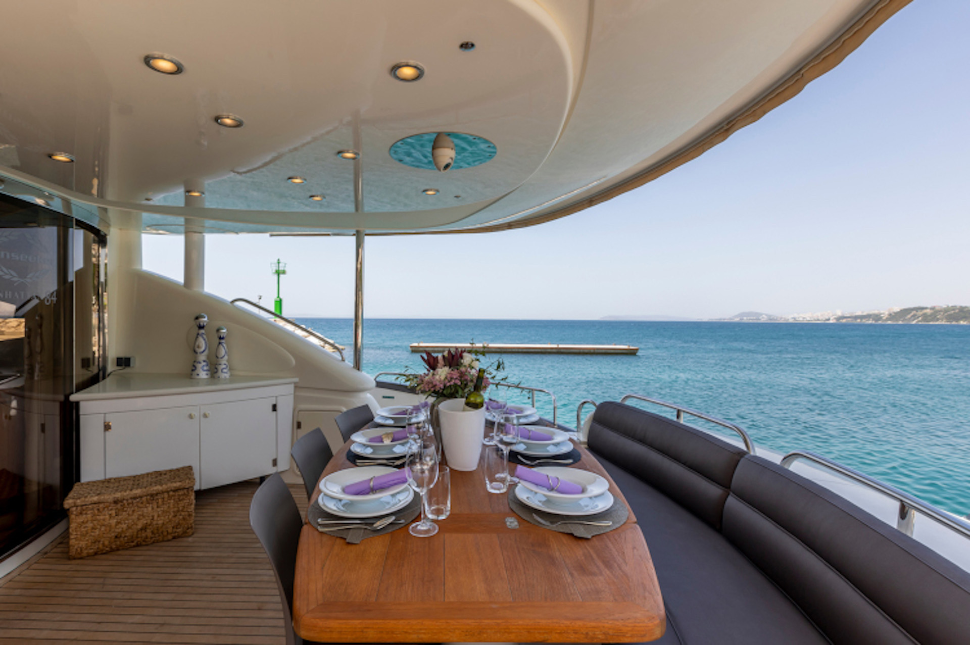 Skywater yacht charter aft dining