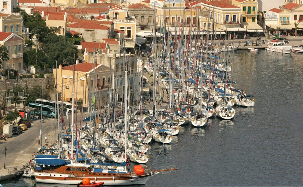 Engineering Challenge Cup fleet moored in Symi island Greece – High Point Yachting charter race