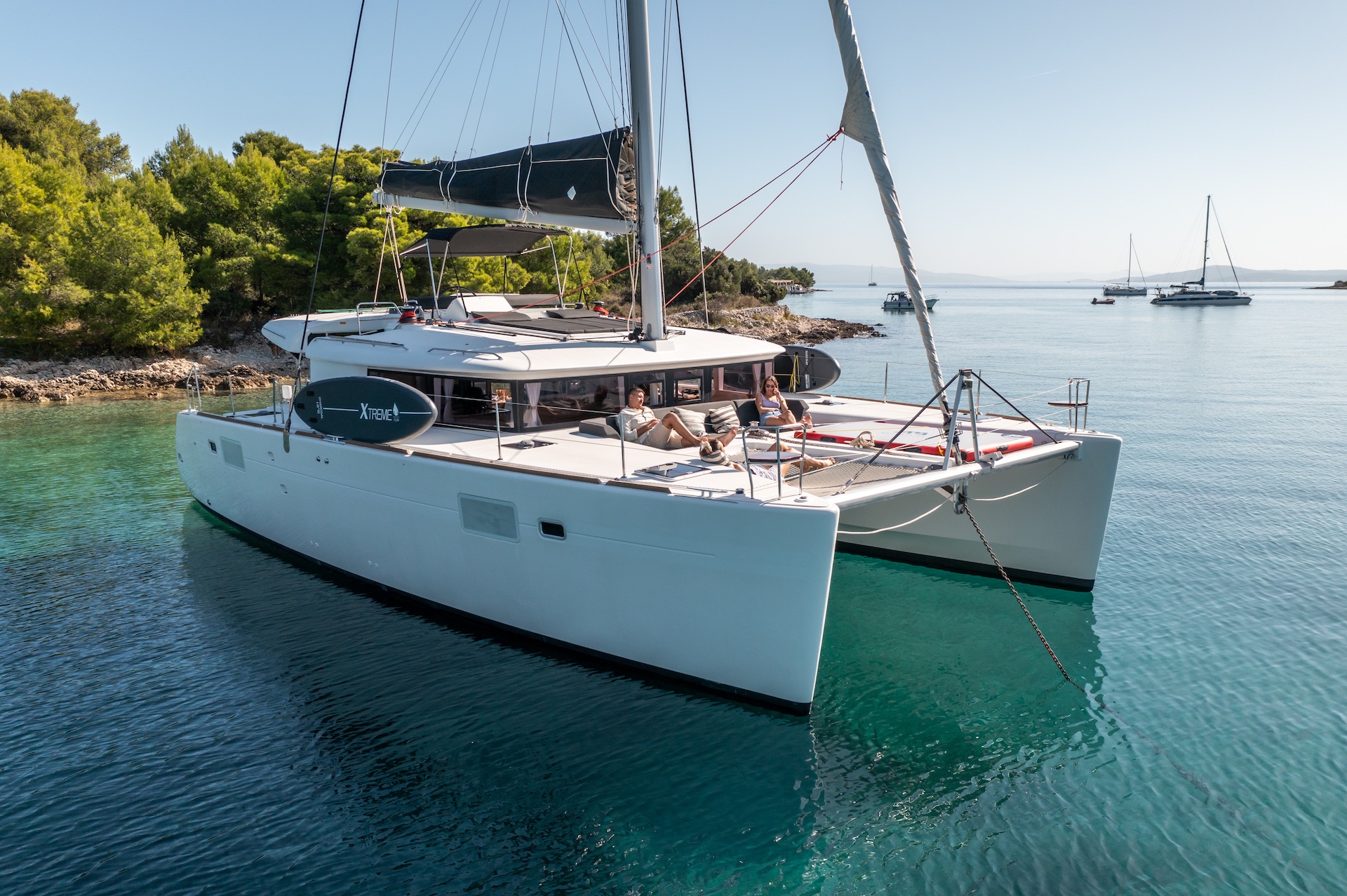 crewed catamaran charter Falco anchor